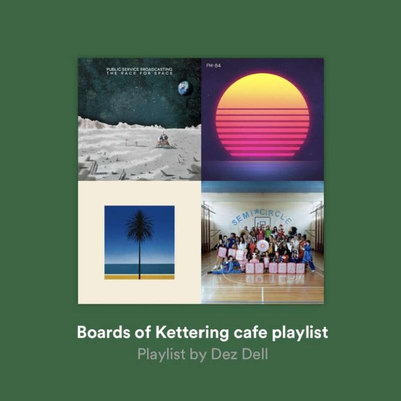 Images of four album covers, Public Service Broadcasting - The Race for Space, FM-86, Metronomy - The English Riviera and The Go! Team - Semicircle