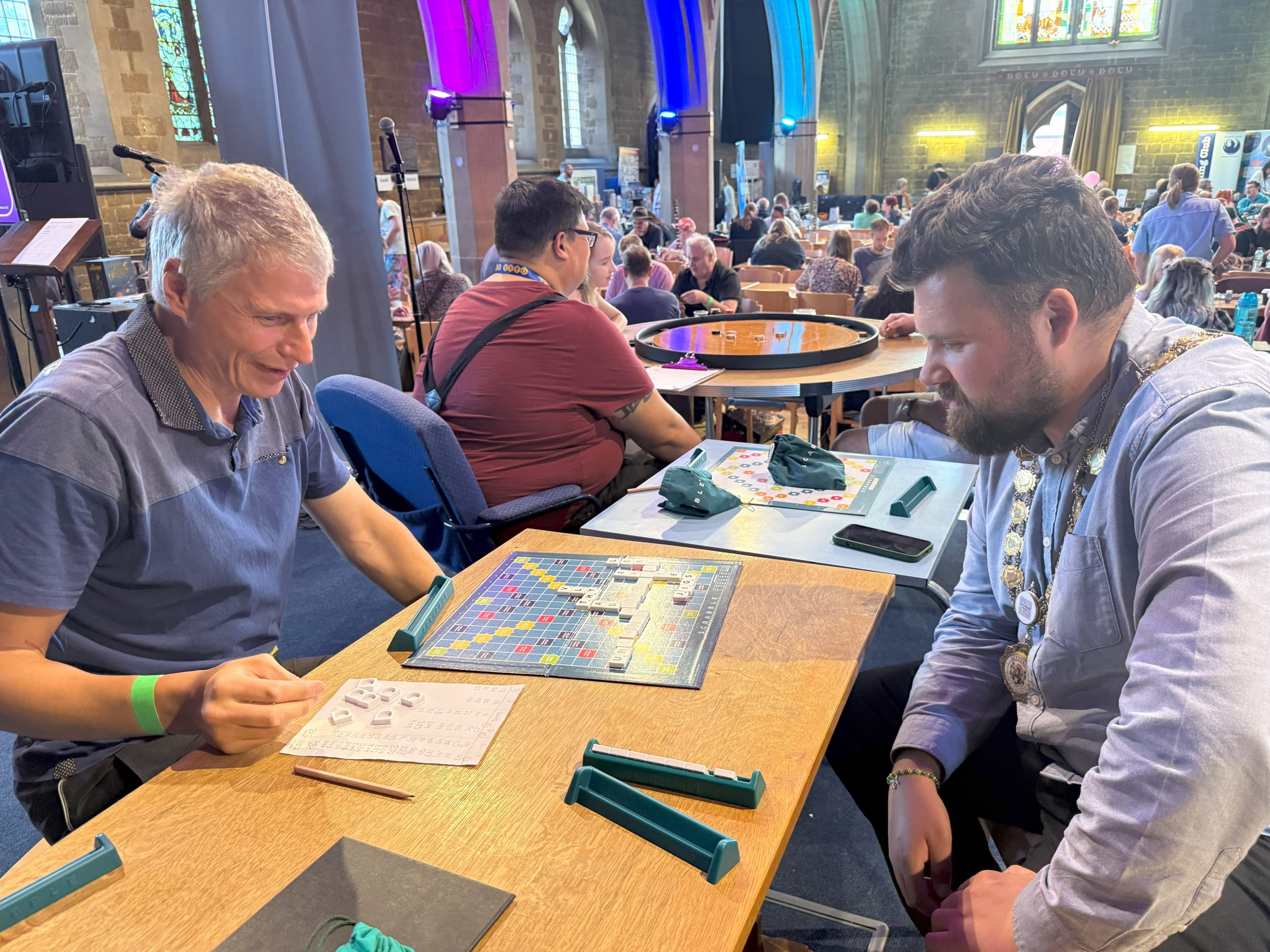 Mayor of Kettering, Ben Jameson taking on Scrabble champion Paul Allan