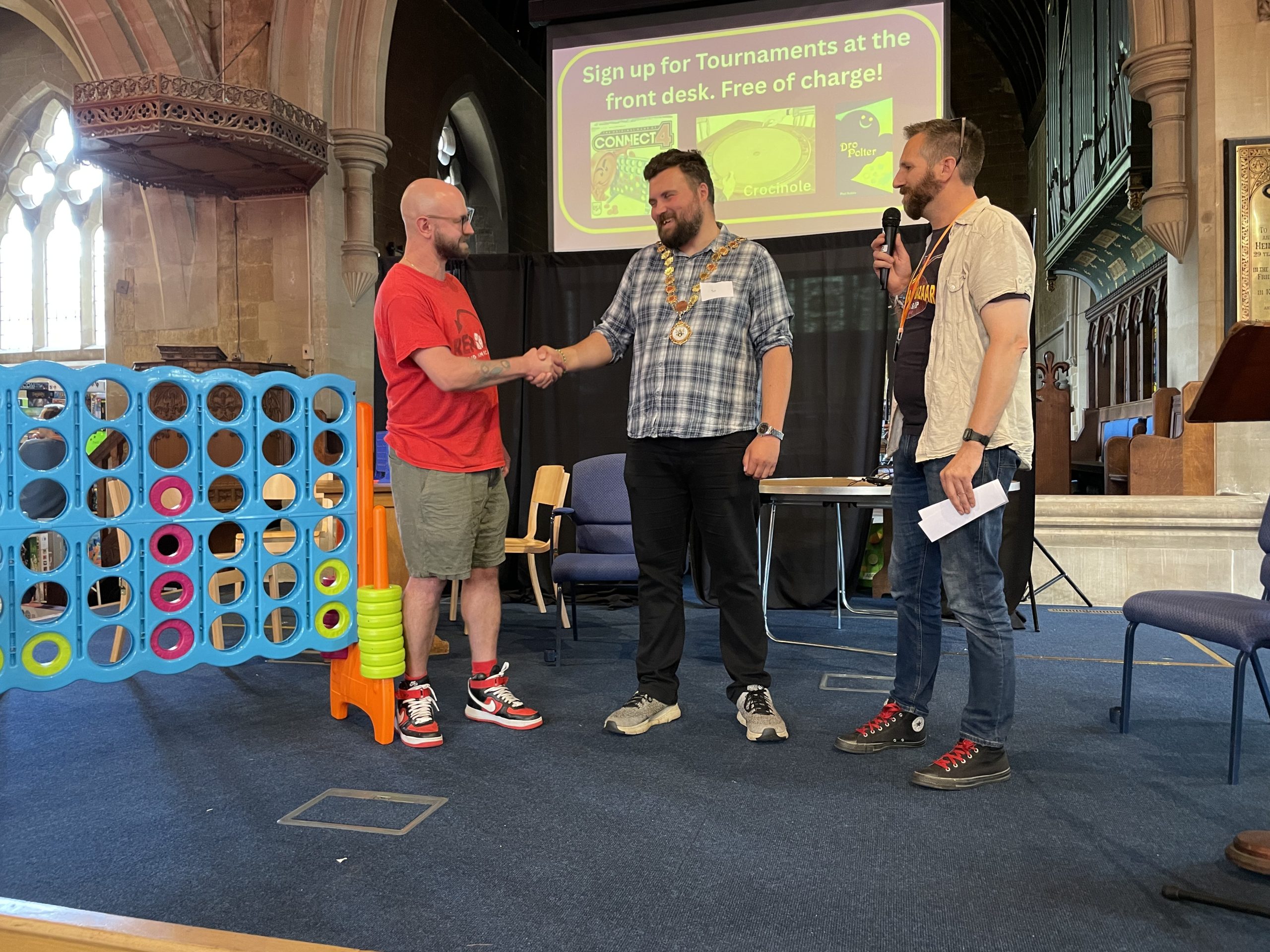 Sam Cunnington and Ben the Mayor after Ben won the Connect 4 tournament